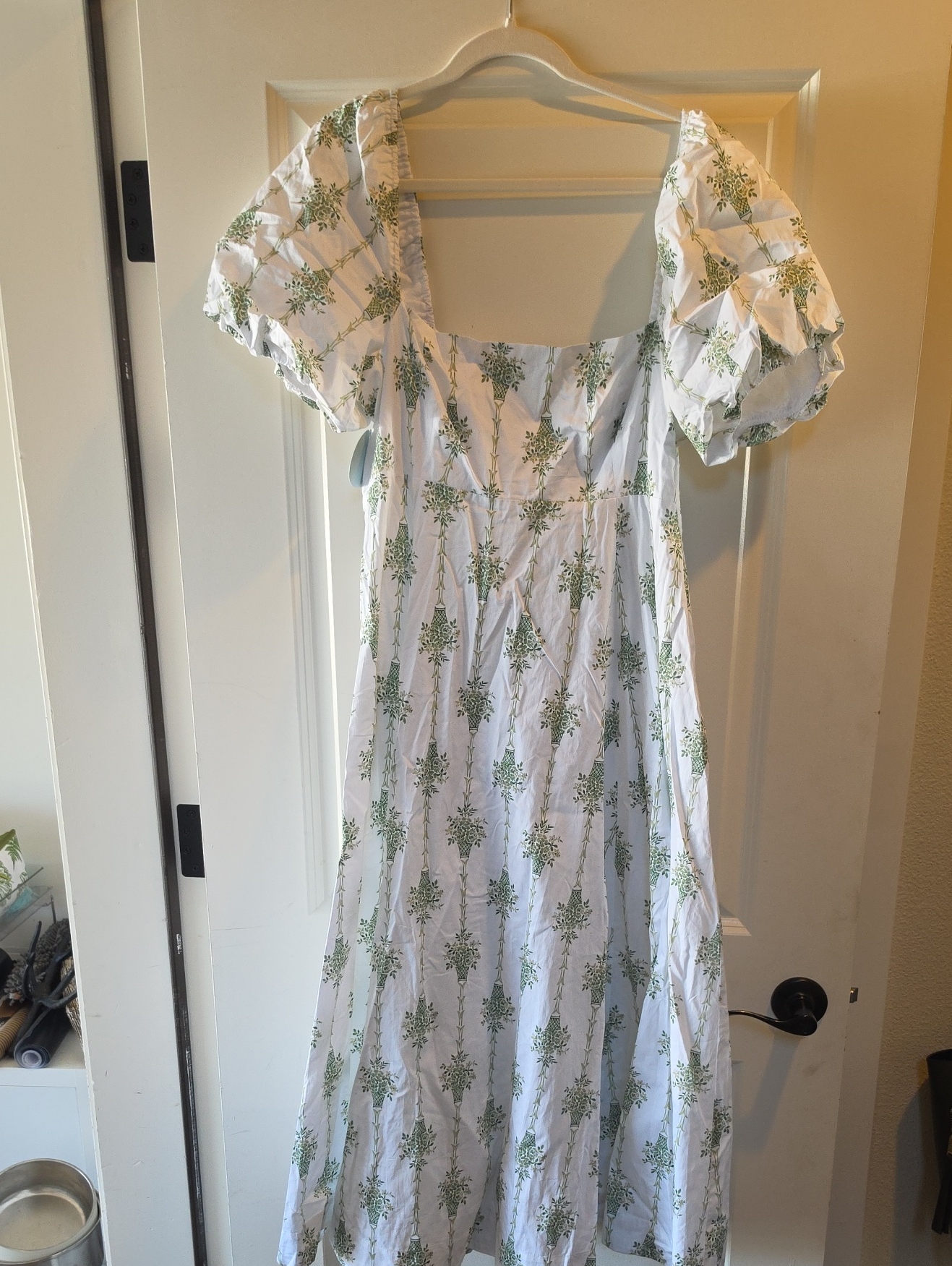 Hill House White Midi Dress With Green Floral Print And Puff Sleeves